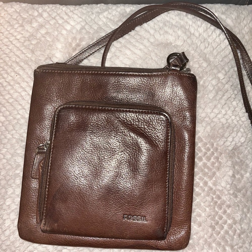 Fossil double pocket brown leather crossbody